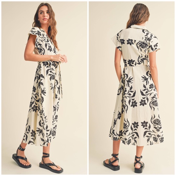 Miou Muse, Tiger Lily Floral Print Button-Down Linen Blend Midi Dress - Picture 3 of 16